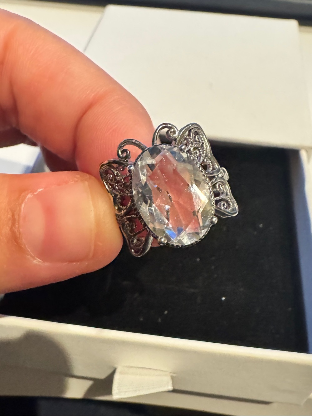 Clear Quartz Silver tone Butterfly Halo Ring with adjustable size